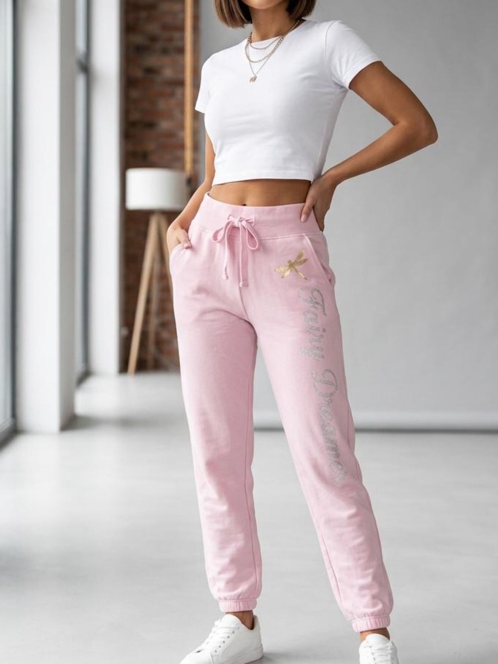 Athletic Works Light Pink Jogger Sweatpants with Drawstring & Glitter Script